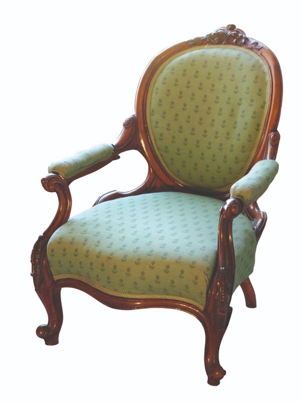 A FINE EARLY VICTORIAN CARVED WALNUT BALLOON BACK GENTLEMAN'S ARMCHAIR,