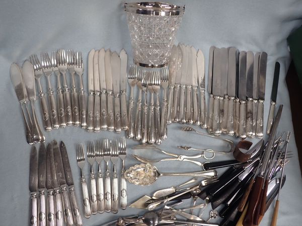 AN ICE BUCKET WITH SILVER-PLATED HANDLE, PLATED CUTLERY