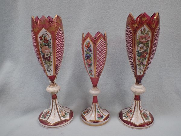 A PAIR OF BOHEMIAN OVERLAID, CUT AND PAINTED VASES