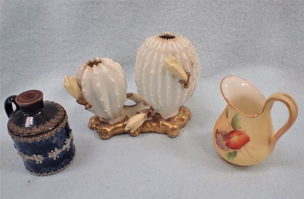 A MOORE CACTES FORM VASE, A ROYAL WORCESTER MINIATURE JUG AND A MINIATURE DOULTON FLAGON