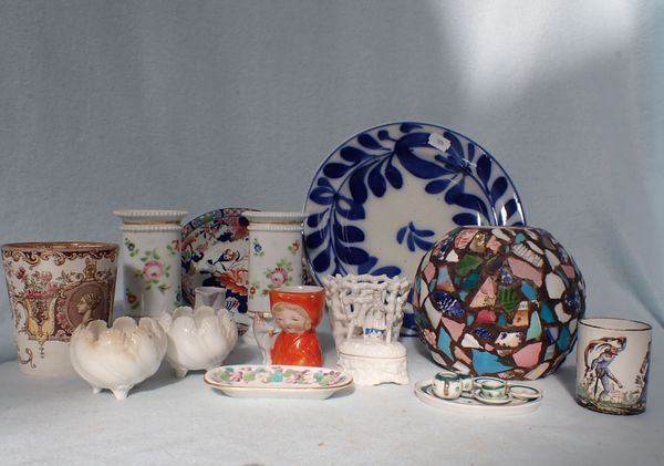 A FRAGMENT MOSAIC WORK VASE, A NOVELTY 'RED RIDING HOOD' EGG-CUP