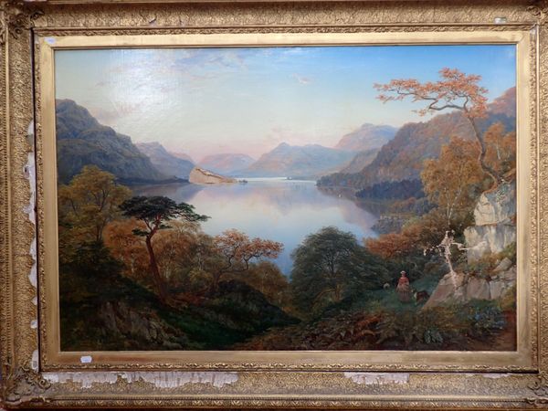 A VICTORIAN OIL ON CANVAS LAKE SCENE, IN GILT FRAME