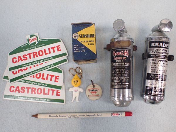 MOTORING: TWO VINTAGE CAR FIRE EXTINGUISHERS, 'CASTROLITE' ICE-SCRAPERS