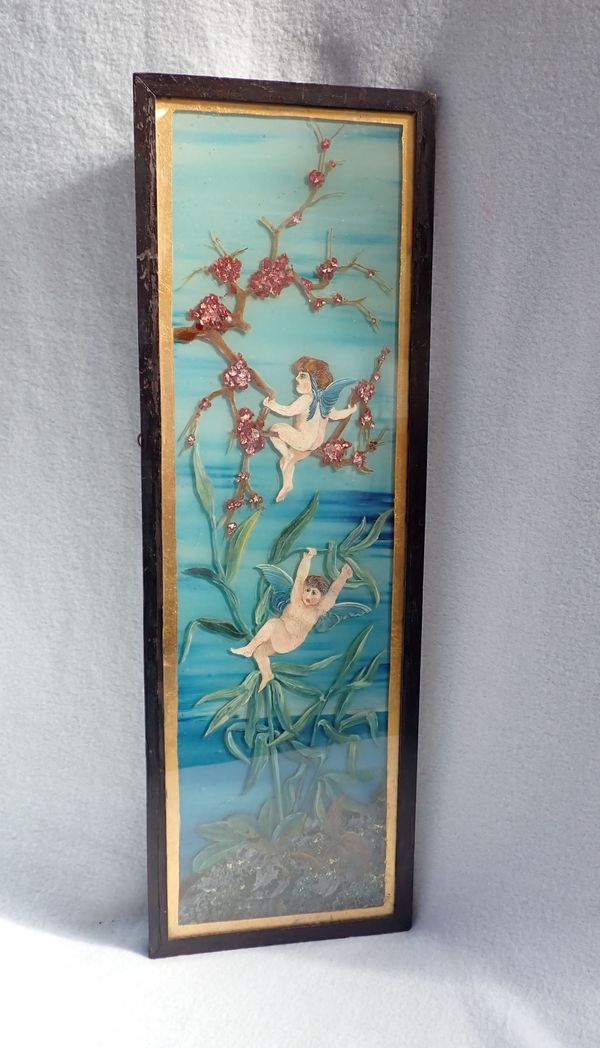 A VICTORIAN REVERSE-PAINTED GLASS PANEL