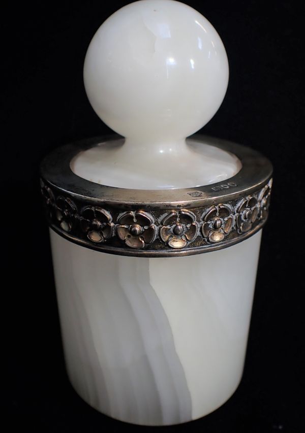 A  SILVER-MOUNTED ALABASTER POT AND COVER