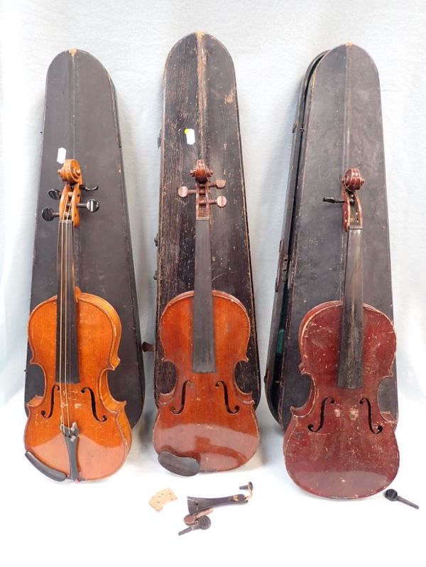 THREE OLD VIOLINS, IN WOODEN CASES