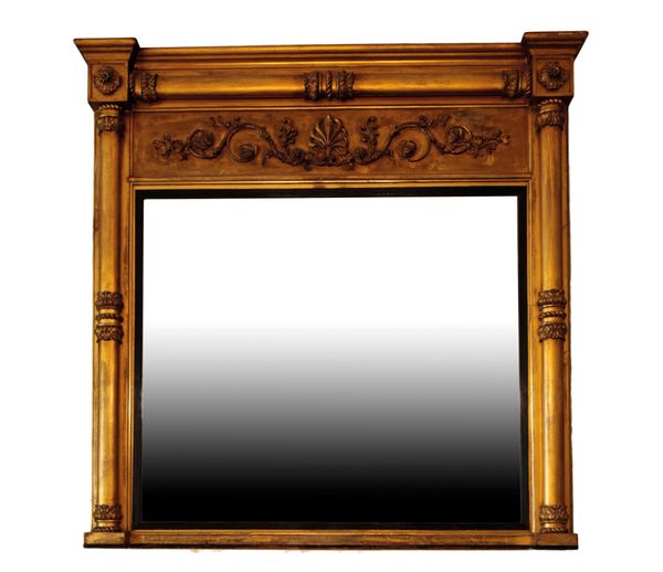 A GEORGE IV  GILTWOOD AND COMPOSITION OVERMANTEL MIRROR,
