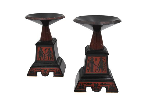 A PAIR OF VICTORIAN MARBLE TAZZAS ON PLINTHS IN EGYPTIAN REVIVAL TASTE,