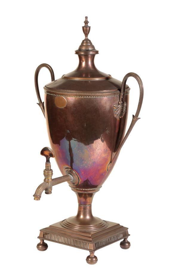 A LATE GEORGE III COPPER AND BRASS MOUNTED HOT WATER URN,