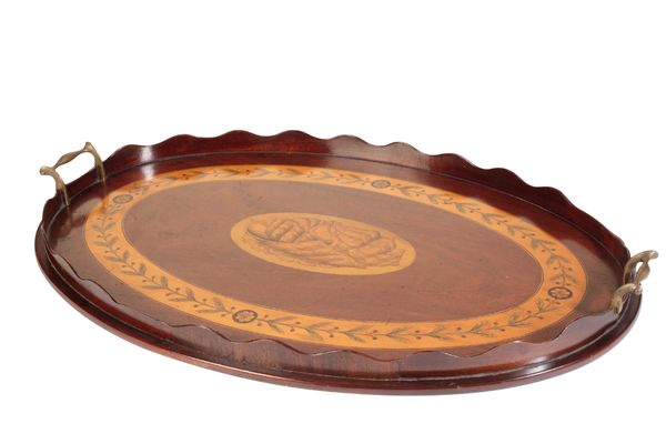 A MAHOGANY, SATINWOOD AND MARQUETRY OVAL TRAY IN GEORGE III STYLE,