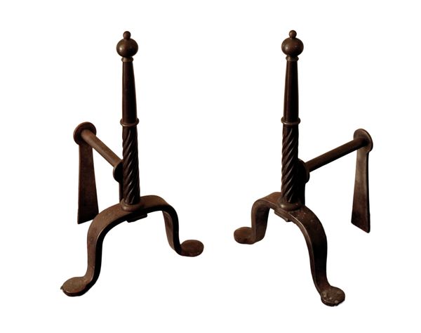 A PAIR OF STEEL ANDIRONS IN 17TH CENTURY STYLE,