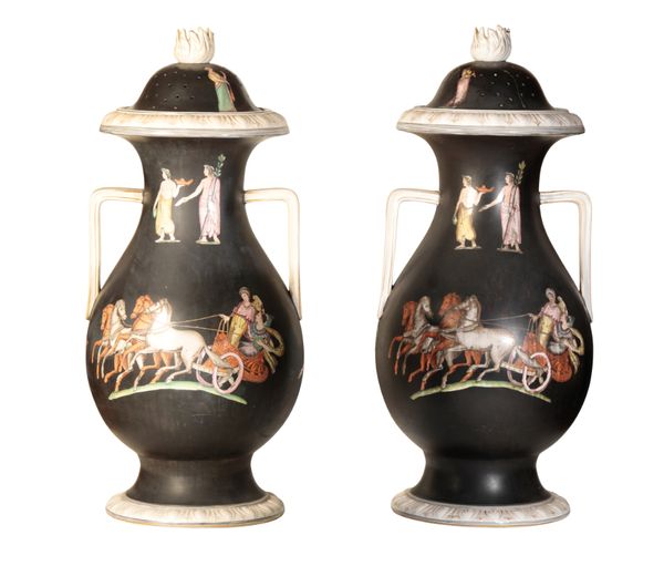 A PAIR OF LARGE VICTORIAN GLAZED CERAMIC VASES IN 'GRECIAN' TASTE, PROBABLY BY SAMUEL ALCOCK & CO.,