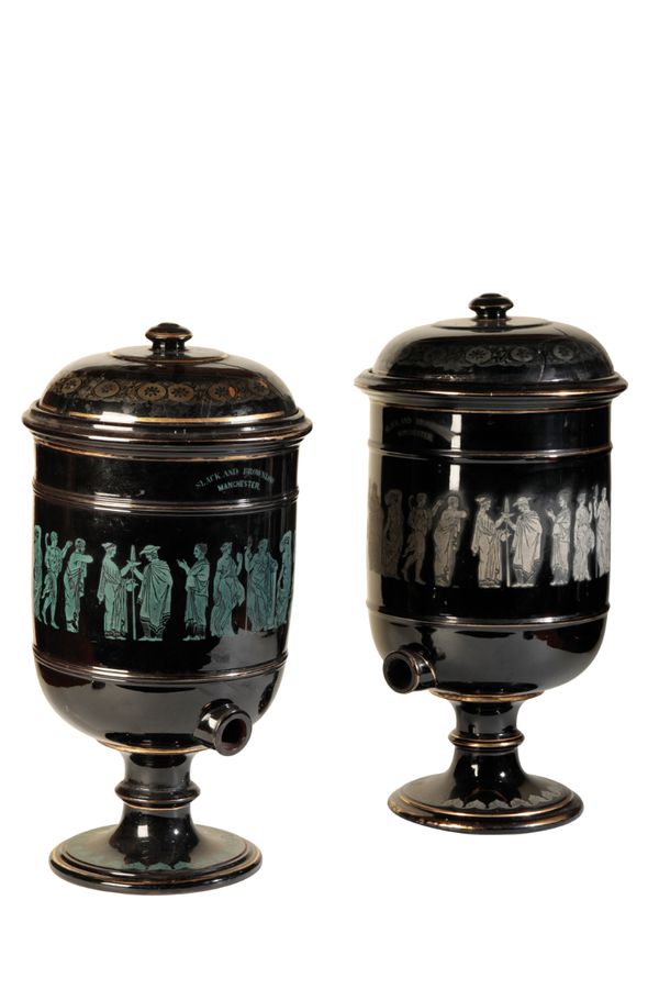 A PAIR OF VICTORIAN GLAZED CERAMIC CHARCOAL WATER FILTER URNS, BY SLACK & BROWNLOW OF MANCHESTER,