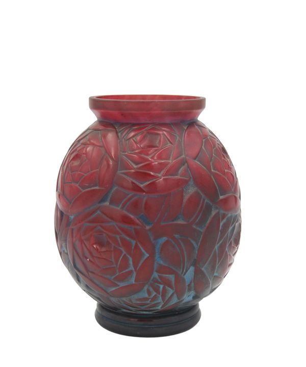 A FRENCH ART DECO MOULDED RED GLASS VASE, BY PIERRE D'AVESN,