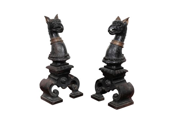 A PAIR OF VICTORIAN PAINTED CAST IRON HERALDIC FIRE DOGS,