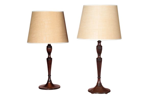 TWO SIMILAR STAINED WOOD TABLE LAMPS, IN GEORGE III TASTE,