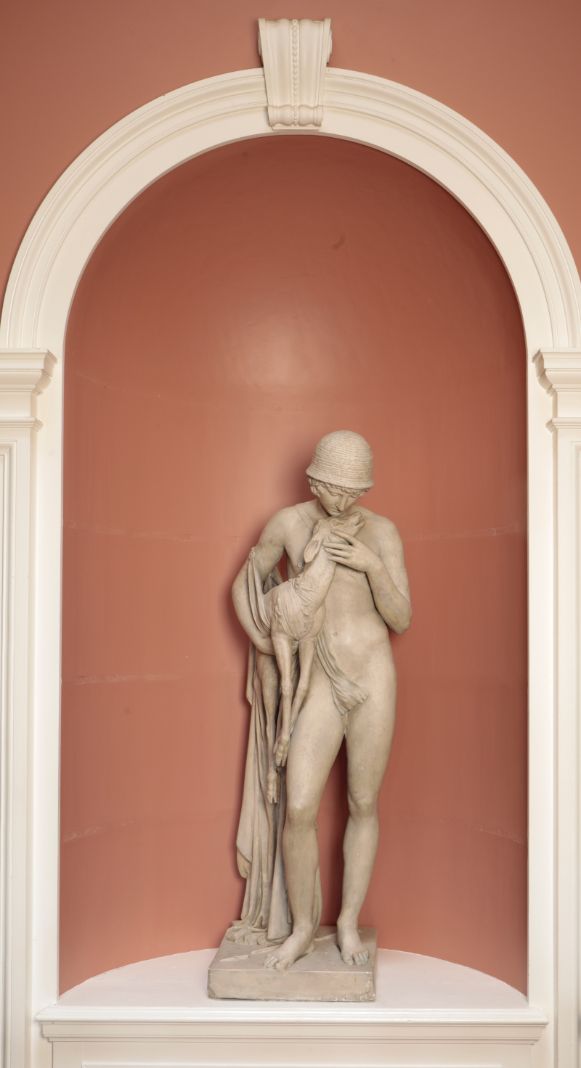 AFTER ANTOINE-DENIS CHAUDET, (1763-1810) 'CYPARISSUSS', A PAINTED PLASTER GROUP OF A YOUTH AND A FAWN,