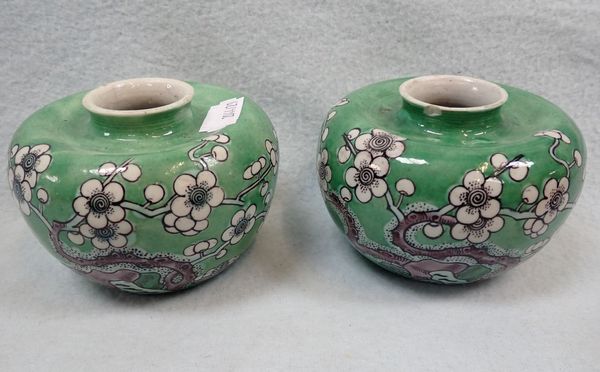 A PAIR OF CHINESE GREEN GLAZED SQUAT VASES