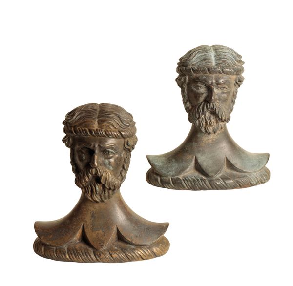 A PAIR OF BRONZE BUSTS CAST AS JANUS, POSSIBLY DECK MOORING CLEATS,