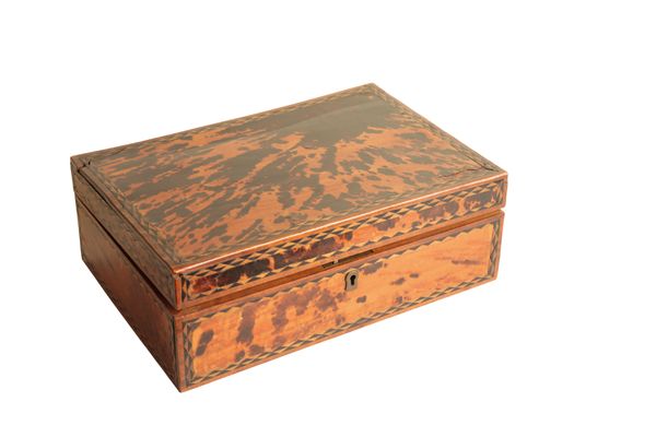 AN ANGLO INDIAN TORTOISESHELL AND PARQUETRY VENEERED SPICE BOX,