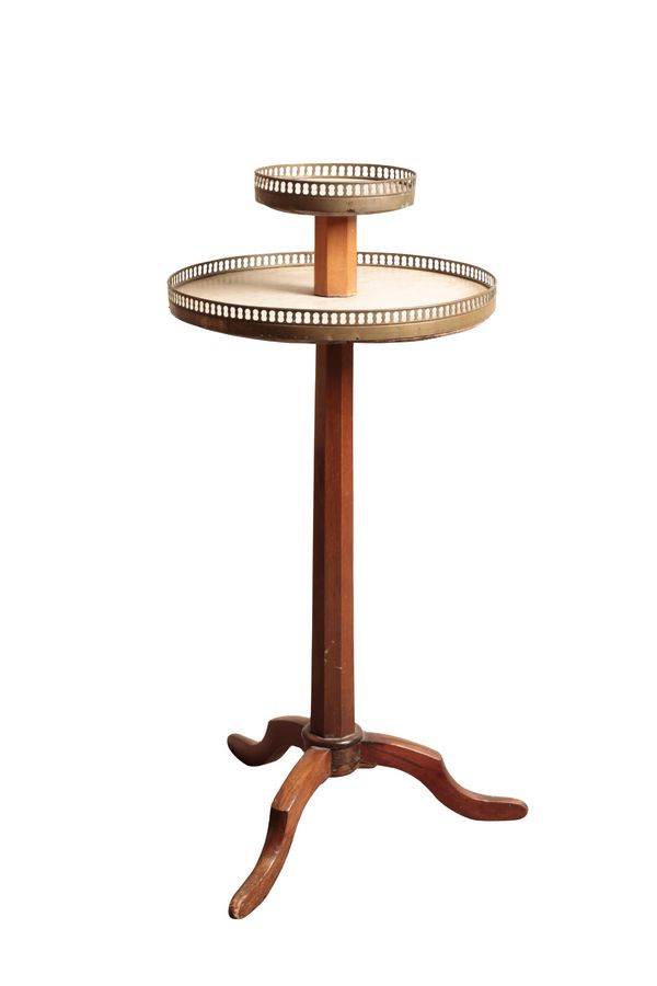 A CONTINENTAL MAHOGANY, MARBLE AND BRASS MOUNTED ETAGERE STAND,