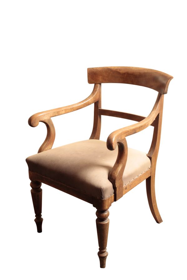 A REGENCY MAHOGANY AND UPHOLSTERED ELBOW CHAIR, PROBABLY BY GILLOWS,