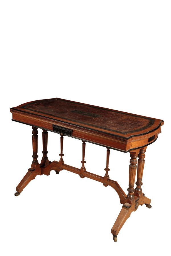 A VICTORIAN MAHOGANY, PART EBONISED AND LEATHER INSET CARD TABLE, IN AESTHETIC STYLE, BY LAMB OF MANCHESTER,