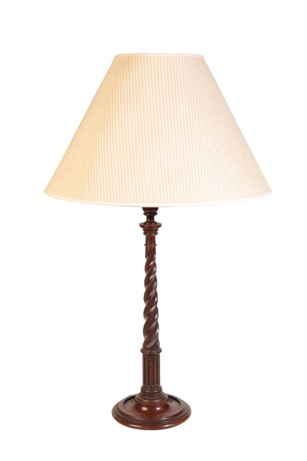 A TURNED MAHOGANY TABLE LAMP, IN GEORGE III STYLE,