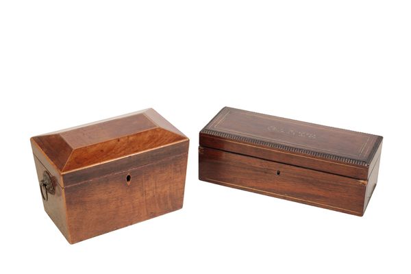 A LATE GEORGE III MAHOGANY TEA CADDY,