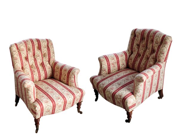 A PAIR OF VICTORIAN UPHOLSTERED ARMCHAIRS, BY HOWARD & SONS,