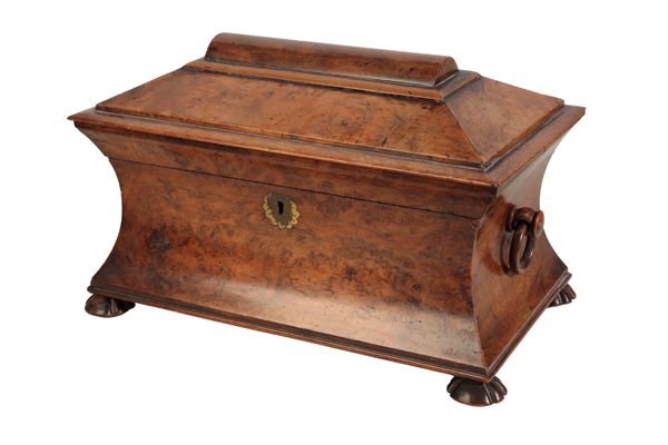 A WILLIAM IV BURR WALNUT TEA CADDY,