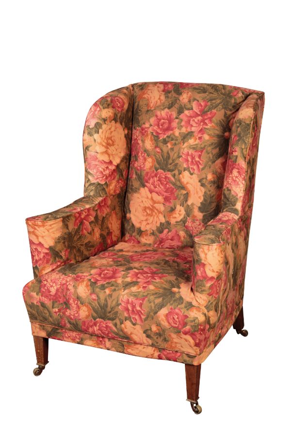 A PAIR OF VICTORIAN UPHOLSTERED WING ARMCHAIRS, BY HOWARD & SONS,