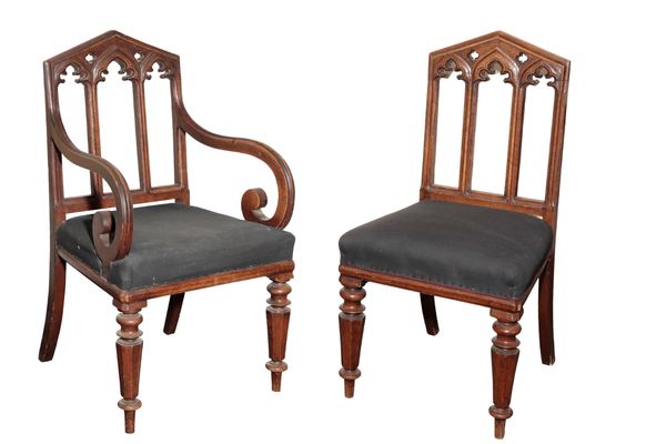 A SET OF FOUR VICTORIAN OAK SIDE CHAIRS, IN GOTHIC STYLE,