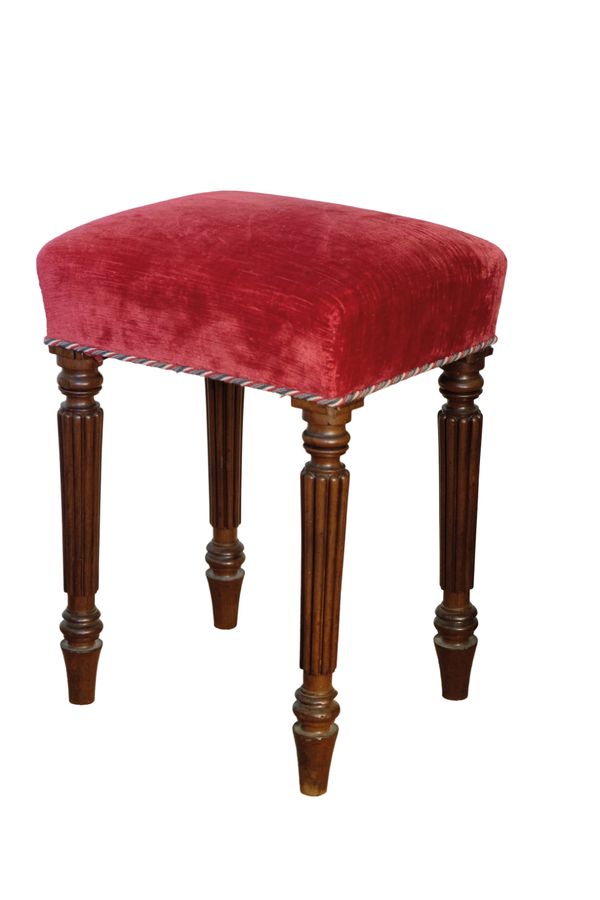 A MAHOGANY AND VELVET UPHOLSTERED STOOL, IN THE MANNER OF GILLOWS,