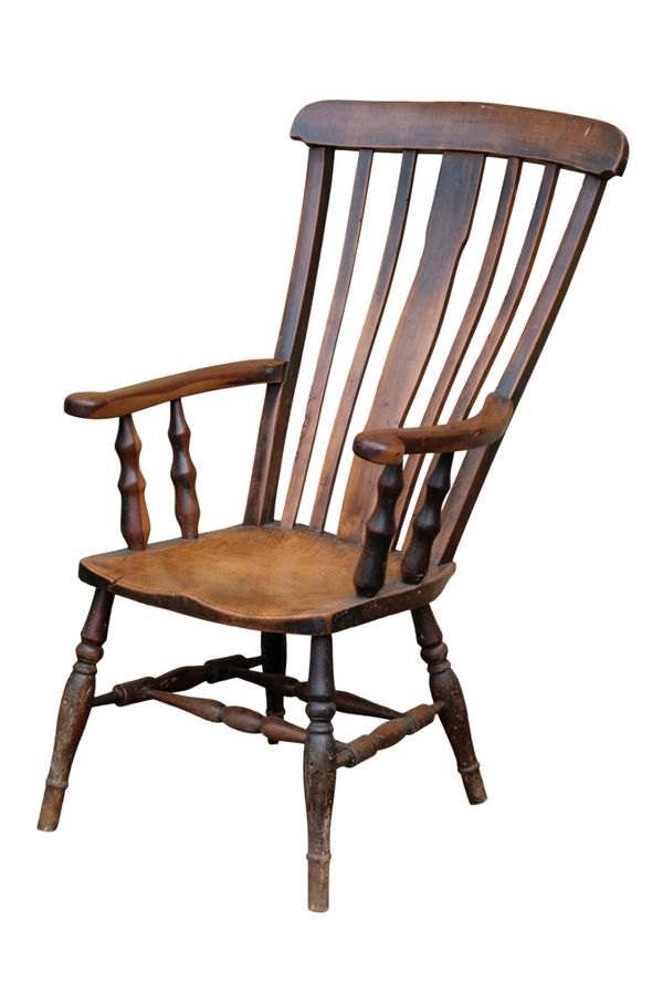 A GEORGE III ELM, OAK AND FRUITWOOD LATH BACK CHAIR,