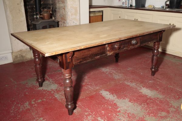 A SUBSTANTIAL VICTORIAN PINE, BEECH AND OAK KITCHEN TABLE,