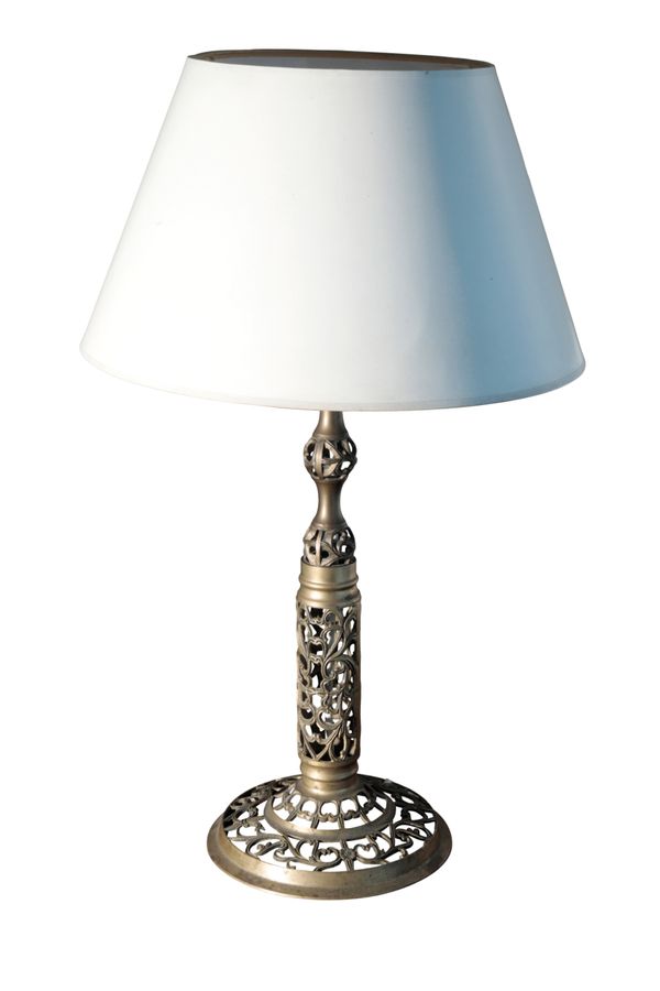 A BRASS TABLE LAMP IN GOTHIC REVIVAL STYLE,