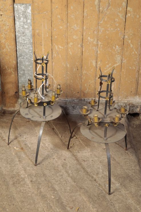 A PAIR OF WROUGHT IRON PIER LAMPS,