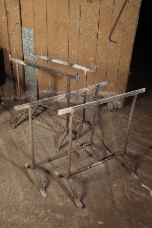 TWO PAIRS OF WROUGHT IRON COACHING STANDS,