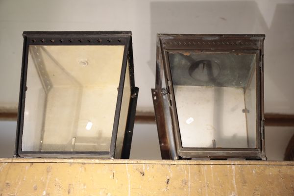 TWO SIMILAR VICTORIAN PAINTED METAL AND GLAZED WALL GAS LANTERNS,