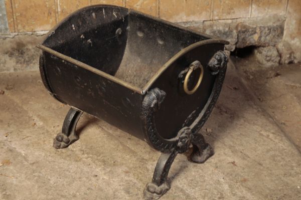 A REGENCY WROUGHT AND CAST IRON COAL SCUTTLE,