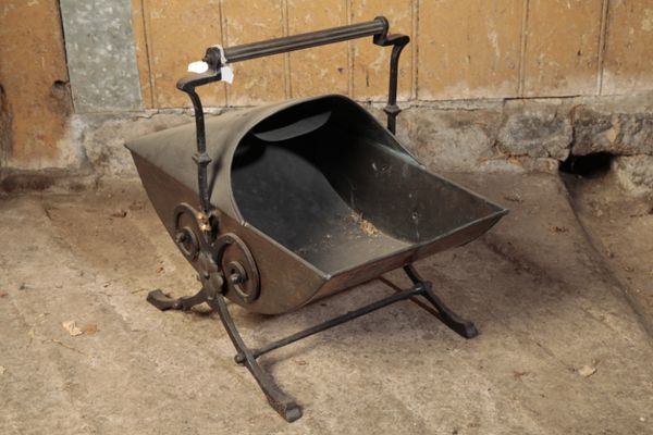 A VICTORIAN COPPER AND WROUGHT IRON MOUNTED COAL SCUTTLE IN AESTHETIC STYLE,