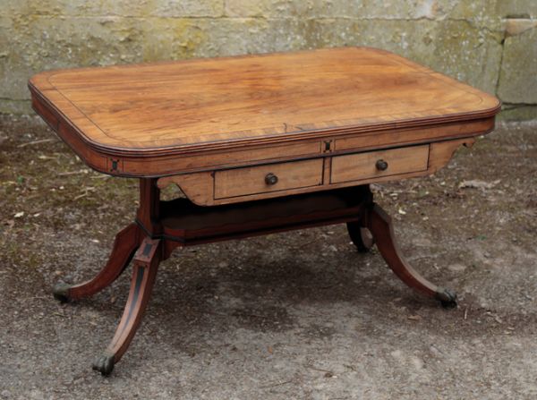 A REGENCY MAHOGANY, EBONY STRUNG AND CROSSBANDED SOFA TABLE,