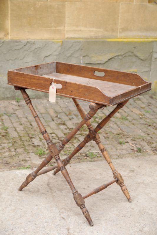 A LATE GEORGE III OAK BUTLER'S TRAY ON STAND,