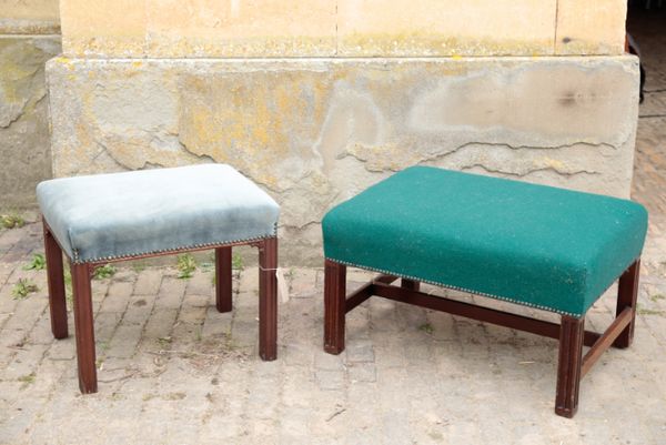 TWO MAHOGONY AND UPHOLSTERED STOOLS IN GEORGE III STYLE,