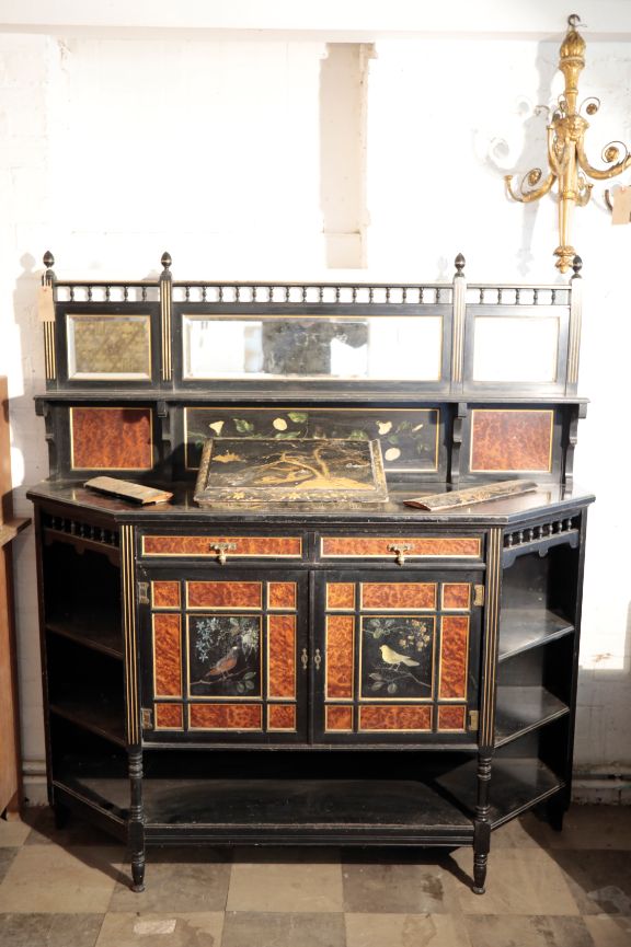 A VICTORIAN EBONISED AND PAINTED WOOD SIDE CABINET, IN AESTHETIC STYLE,