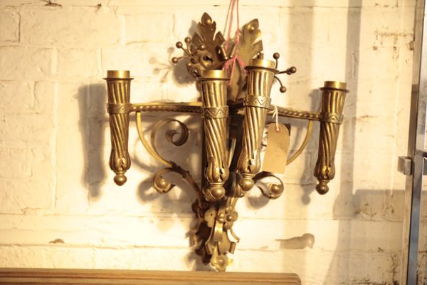 A PAIR OF GILT BRONZE TWIN LIGHT GAS APPLIQUES IN GOTHIC STYLE,