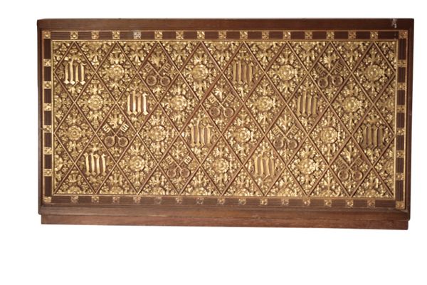 A VICTORIAN CARVED AND PARCEL GILT OAK PANEL,