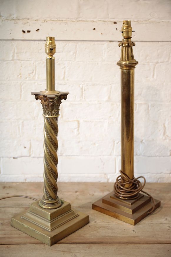 TWO BRASS COLUMNAR TABLE LAMPS,