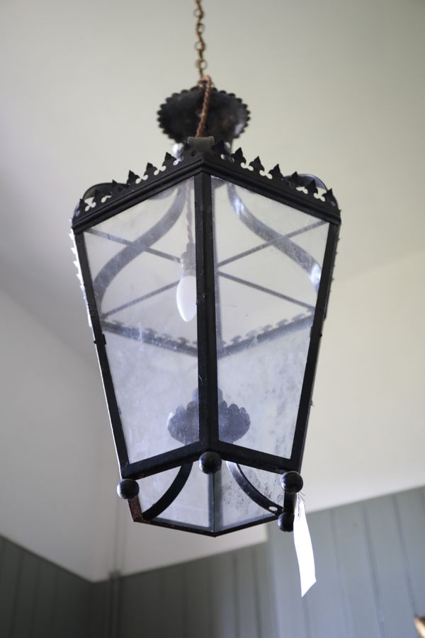 A PAINTED METAL AND GLAZED CEILING LANTERN,